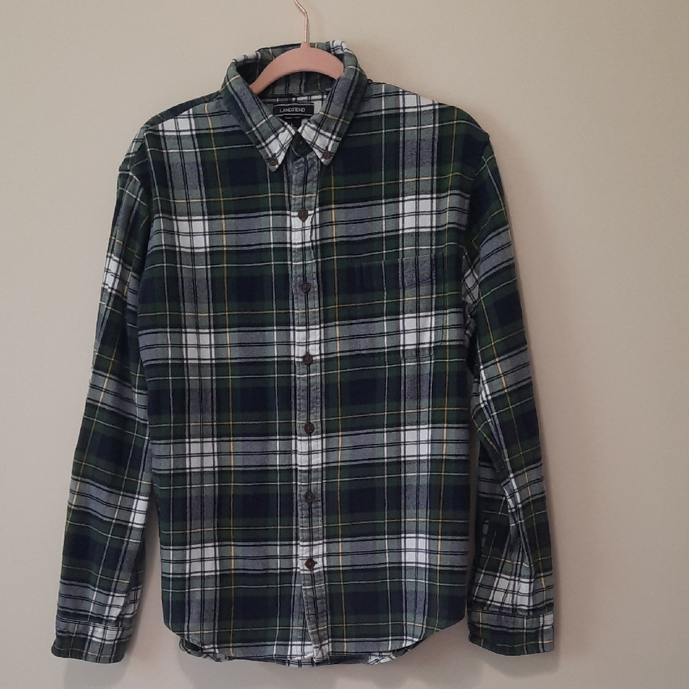 Lands' End Dark Green and White Plaid Casual Shirt